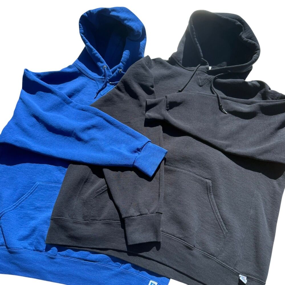 Vintage 1990s Russell Athletic Hoodies Lot of 2 XL Black Blue Blank Sweatshirts